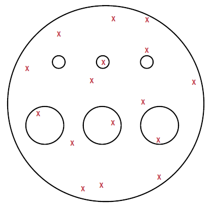 Figure 1: Small diameter beams are less likely to overlap with low density defects on an optic undergoing testing, resulting in overly optimistic LIDT values