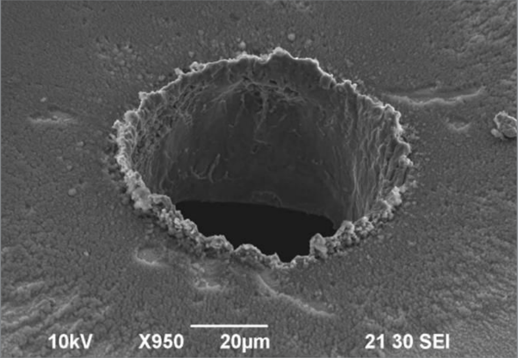 Figure 5: Laser micro-machining experiments at the Italian Institute of Technology showed a ten-fold increase in the ablation efficiency of a nanosecond laser drilling system when decreasing the spot size from 220μm to 9μm at constant fluence