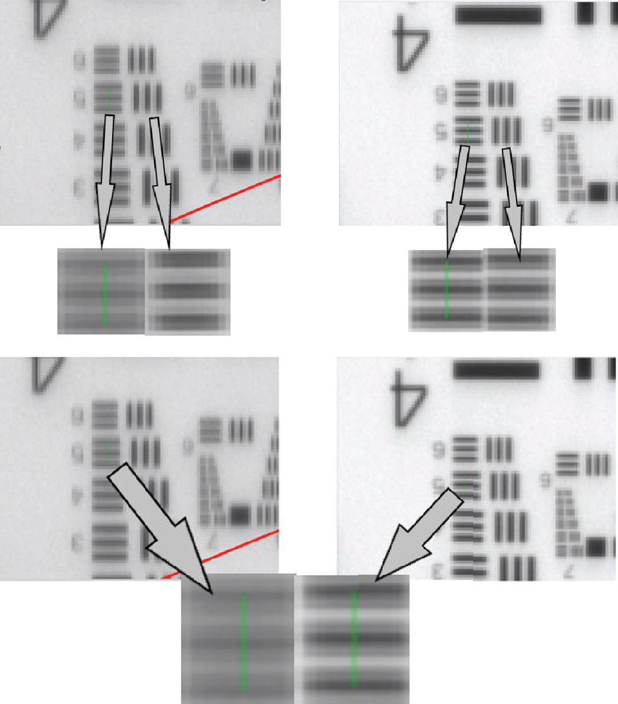Images of USAF targets taken through prisms with and without phase-correction coatings