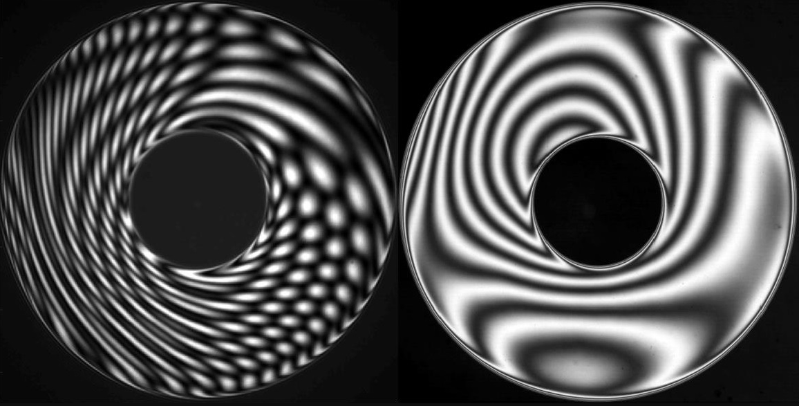 Short coherence length interferometers using specialized LEDs as their light source are able to measure parallel, flat surfaces without noise from light reflecting off of the back surface (right), while conventional laser-based interferometers will be affected by this noise (left). Image from InterOptics LLC.